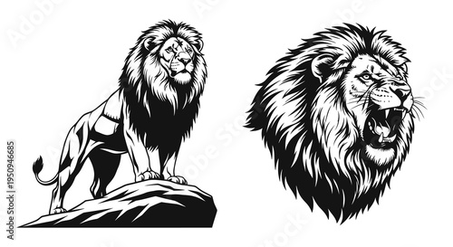 Black and White Lion Head Roaring and Lion Standing on Rock Vector Art