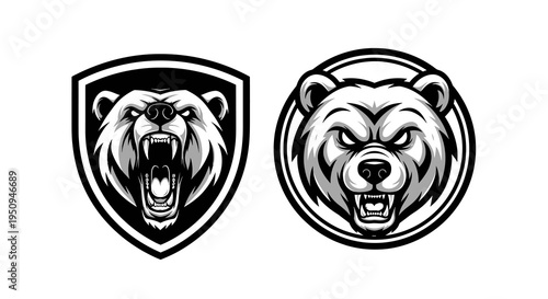 Ferocious Bear Head Logo Emblem - Black and White Vector Art