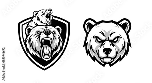 Aggressive Black and White Bear Heads Logo - Animal Sport Mascot