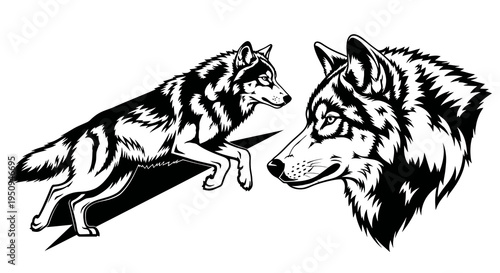 Black and White Vector Art of Two Wolves, One Leaping, One Head