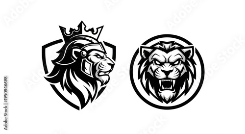 Black and White Lion Head Emblem with Crown - Gaming Logo
