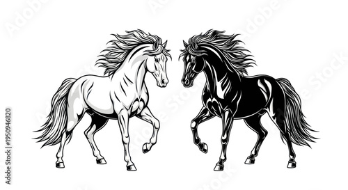 Black and White Horse Line Art Duo, Animal Icon