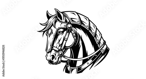 Black and White Vector Art of a Knight Horse Head in Armor