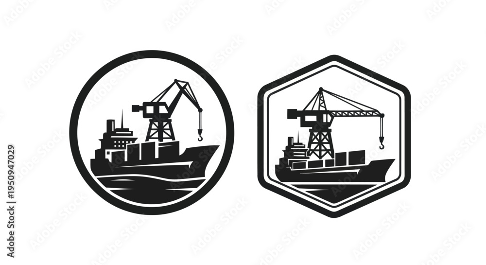 Fototapeta premium Cargo ship with crane, logistics and shipping industry icon, black and white vector art