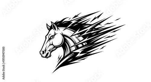 Black and White Horse Head with Speed Lines - Vector Art