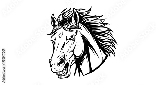 Black and White Line Art Horse Head Roaring with Sharp Teeth
