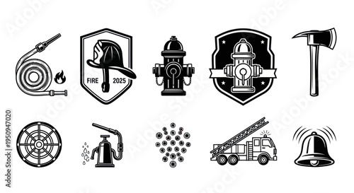 Firefighter Icons Set Black White Line Art Vector