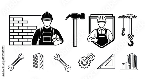 Construction Icons: Worker, Tools, Buildings, Crane, Black  White Line Art