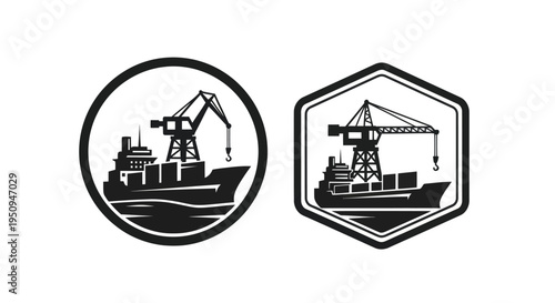 Cargo ship with crane, logistics and shipping industry icon, black and white vector art