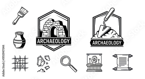 Archaeology Icons Set: Brush, Pot, Ruins, Trowel, Magnifying Glass, Scroll, Display Case