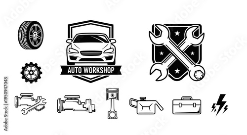 Auto Workshop Icons Set: Car, Tire, Wrench, Engine, Tools, Black  White
