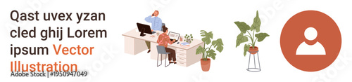 Office culture, teamwork, remote collaboration, user identity, workplace decor, digital interaction. Two people at desks, greenery and a user icon. Office culture and teamwork concept