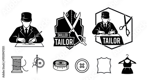 Black and White Tailor Icons: Skilled Dressmaker, Scissors, Thread, Buttons, Hanger