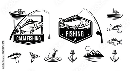 Black and White Fishing Icons: Boat, Fish, Lures, Anchors, Mountains