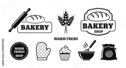 Bakery Icons - Rolling Pin, Bread, Wheat, Muffin, Bowl, Bag - Black  White
