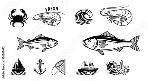 Black and White Line Art Seafood Icons: Crab, Shrimp, Fish, Boat, Anchor