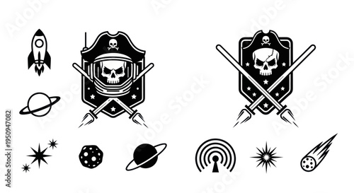 Black and White Space Pirate Skull Astronaut Emblem Vector Icons Set
