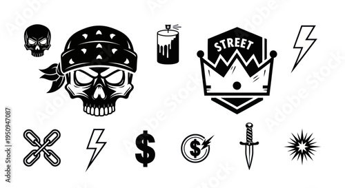 Black and White Street Style Skull, Crown, and Lightning Bolt Icons