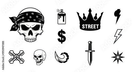 Black and white vector icons: skull, crown, dagger, lightning, spray paint, dollar