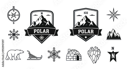 Polar Ice Mountains Snowflakes Bear Sled Compass Igloo Iceberg Icons