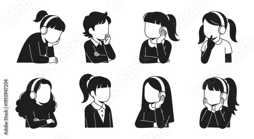 Black and White Outline of Diverse Girls with Headphones, Pondering