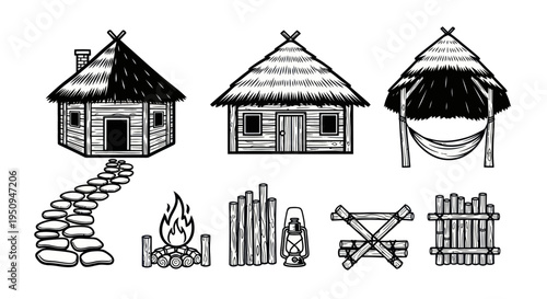 Rustic Hut and Village Elements - Black and White Line Art