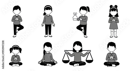 Kids Yoga Poses Black and White Line Art Vector
