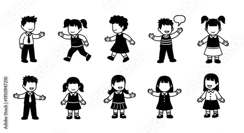 Black and White Line Art Children Characters, Vector, Isolated