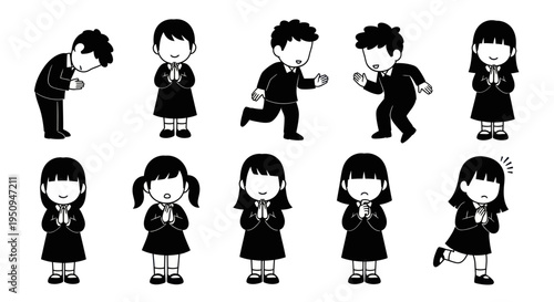 Japanese school kids in uniform bowing, praying, playing, vector art
