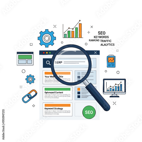 Magnifying glass on SERP results with SEO, analytics, and content optimization elements