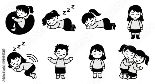 Black and White Line Art Kids Sleeping and Hugging, Vector Icons