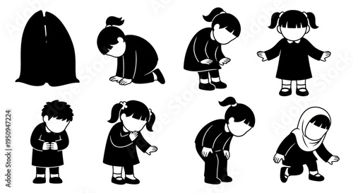 Black  White Icon Set: Diverse Children Bowing, Respectful Gestures