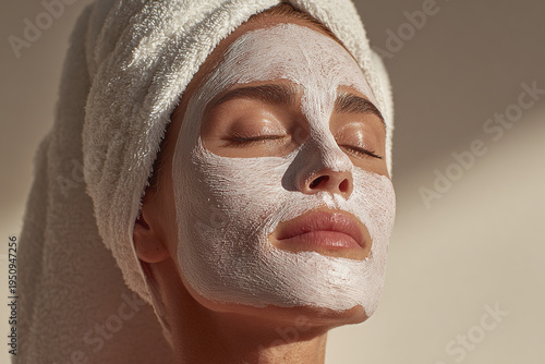 Relaxing woman with white facial mask and towel on head enjoying skincare treatment with closed eyes in soft natural light
