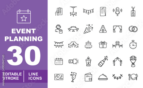 Event Management & Celebration Line Icons. Editable stroke vector icons for party planning. Featuring decorative lights, champagne bottles, wedding arches, flower bouquets, banquet tables, party