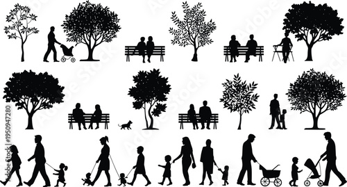 Family park silhouettes collection with people walking, sitting on benches, pushing strollers, and enjoying outdoor activities among trees in a minimal black vector style
