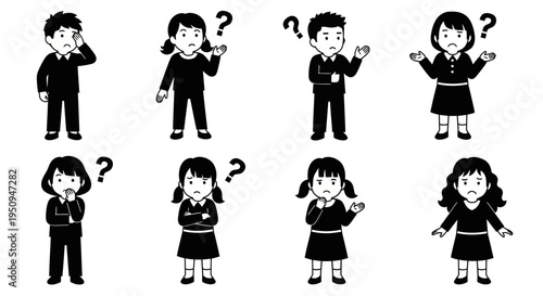 Black and White Kids Pondering, Questioning, Confused, Thinking Icons
