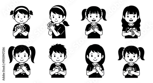 Kids Applauding, Vector Black and White Line Art, Children's Emotions