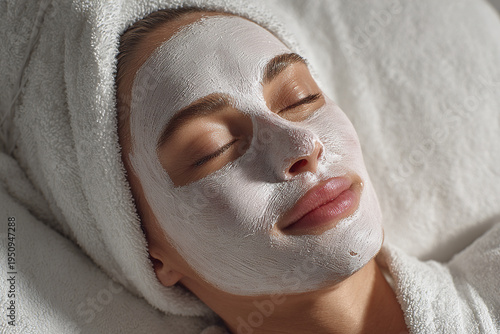 Facial mask skincare treatment on relaxed woman with towel wrapped on head, enjoying beauty care and skin rejuvenation in spa or clinic setting