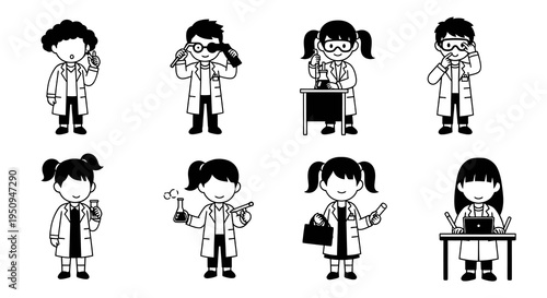 Black and White Line Art Kids as Scientists in Lab Coats with Equipment