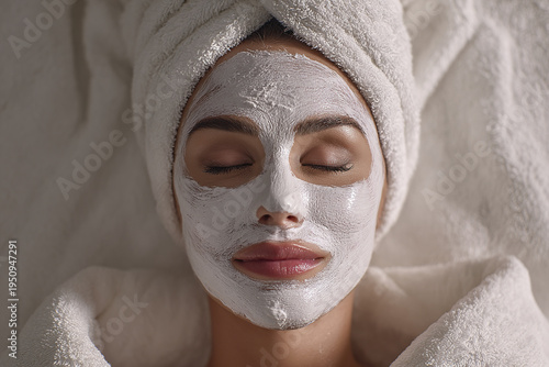 Facial mask treatment on woman with towel wrapped on head, relaxing with closed eyes in spa environment, skincare and beauty care concept