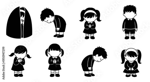 Japanese Children Bowing, Vector Icons, Black and White Glyph Style