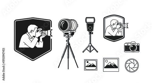Photography Icons: Photographer, Camera, Tripod, Flash, Photos, Lens - BW Line Art