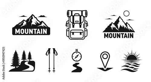 Black  White Line Art Icons of Camping, Mountains, Backpack, Compass, Poles, Location, Sunrise