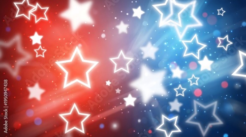 Abstract background featuring glowing white stars over red and blue gradient with light effects, representing celebration, patriotic theme, and festive energy in a dynamic composition.