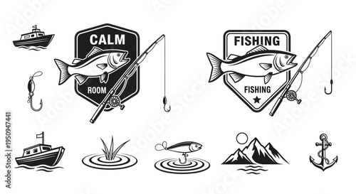 Fishing Icons Set, Vector Black  White Line Art, Vector Illustration