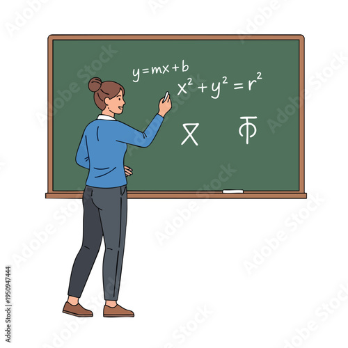 Woman writing math equations on a green chalkboard