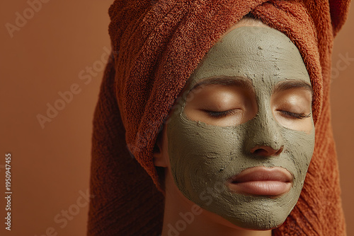 Woman with green clay facial mask and brown towel wrapped on head relaxing with closed eyes in spa skincare treatment