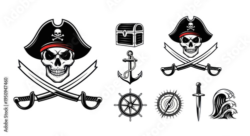 Pirate Skull with Crossed Swords, Treasure Chest, Anchor, Compass, Ship Wheel Vector Art
