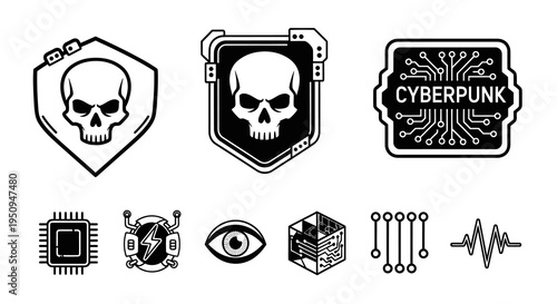 Cyberpunk Skull Icons, Circuit Board, CPU, Eye, Electric Symbol