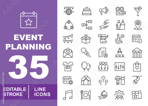 Event Planning & Professional Organizer Icons. Editable stroke vector icons for corporate and social events. Featuring disco balls, conference speakers, registration desks, wedding arches, fireworks